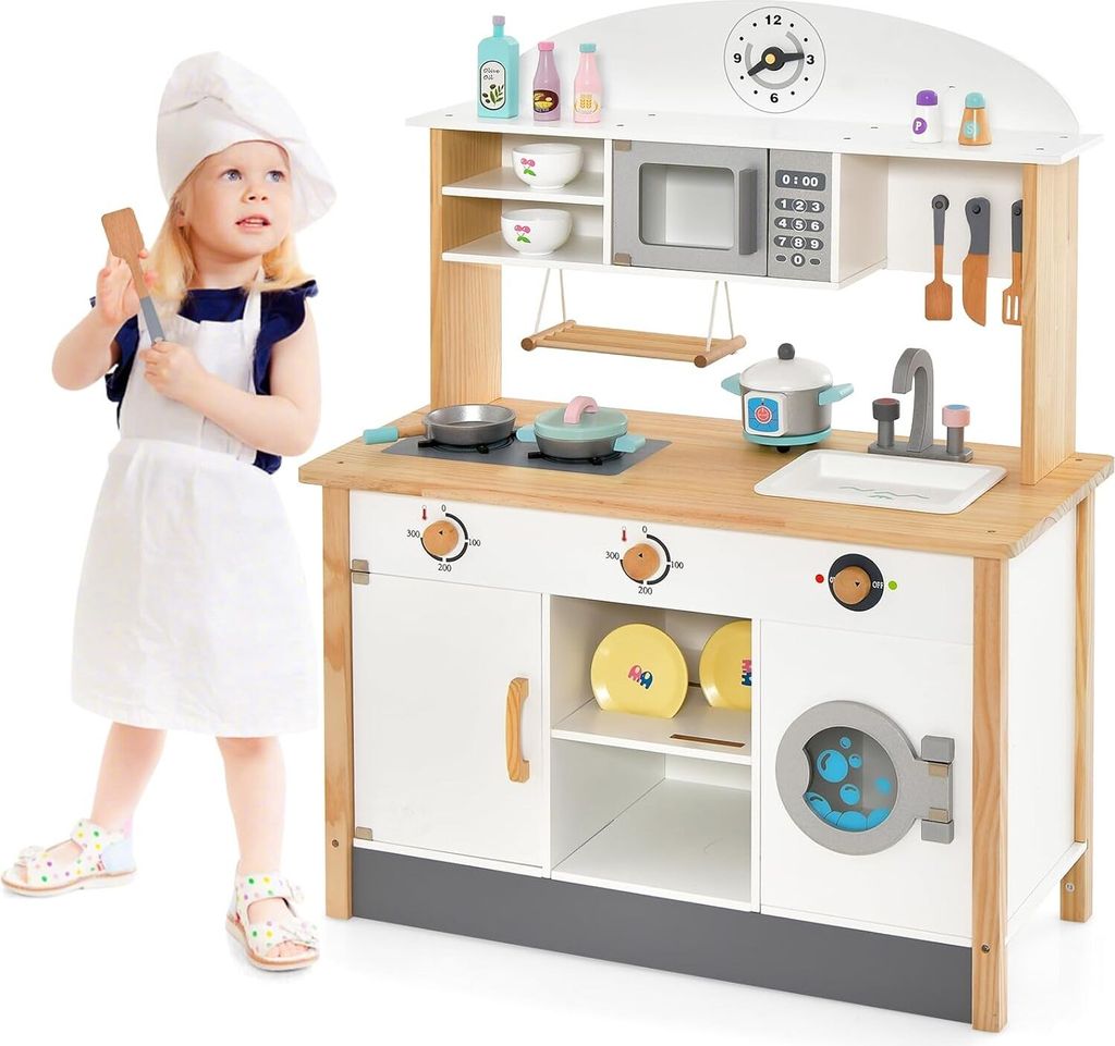 GOPLUS Kinderküche mit Spielzubehör, Spielküche mit Backofen, Mikrowellen, Wasserbecken & Waschmaschine, Stabiler Spielzeugküche mit offener F...