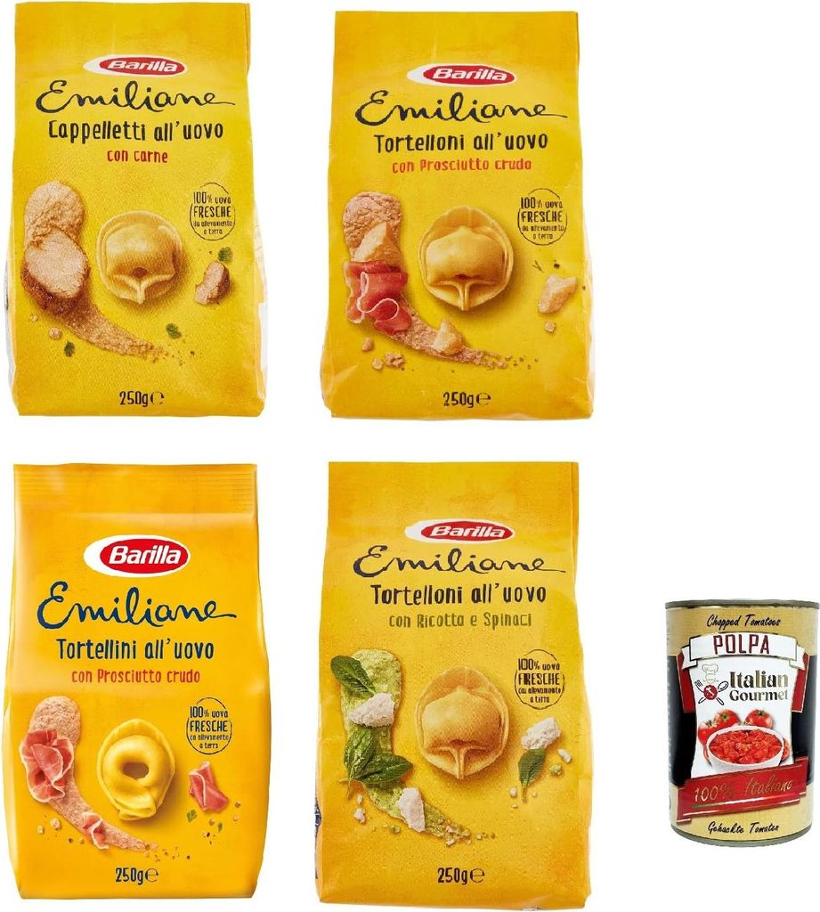 Pasta Le Emiliane Testpaket Eier gefüllte Nudeln, Pasta -Eiernudeln mit 100% frischen italienischen Eiern, ideal in Brühe oder Sauce 4x 250 g + I...