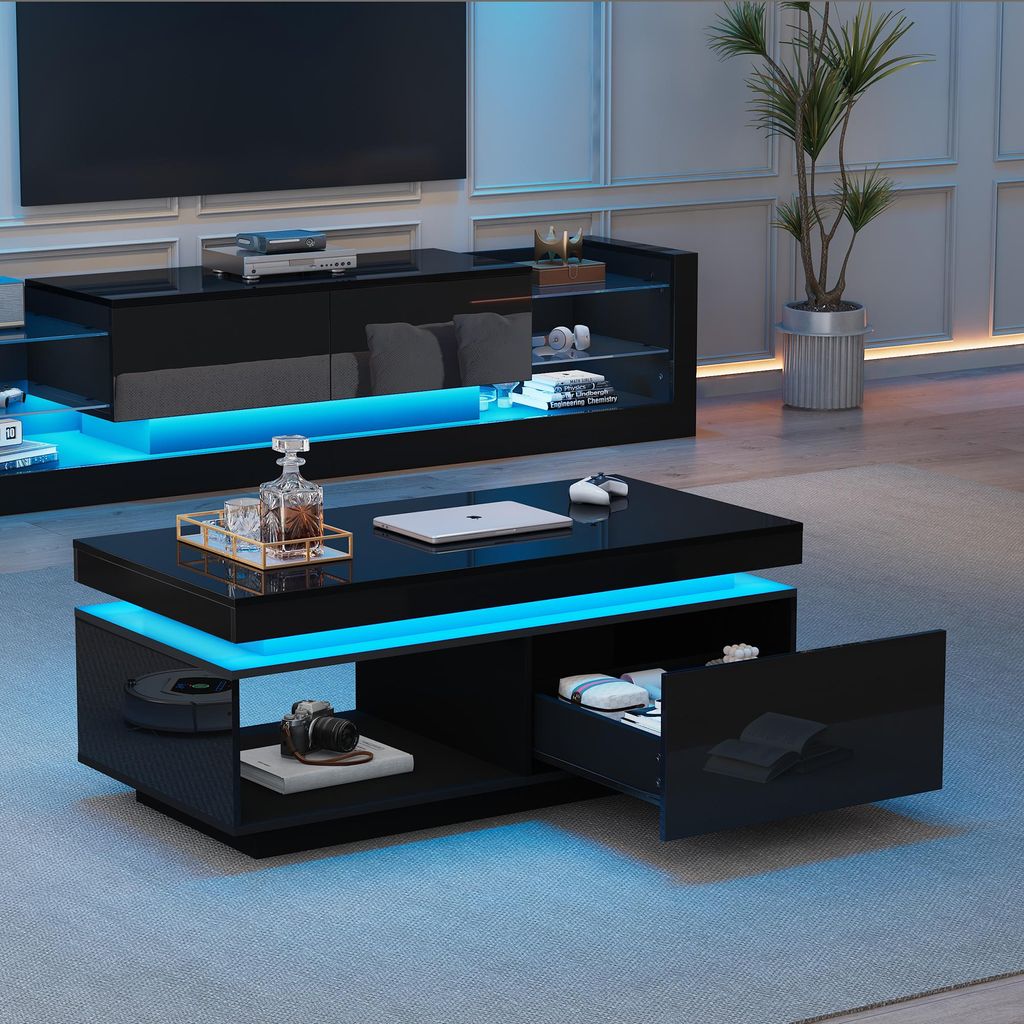 Merax Hochglanz-Couchtisch mit LED-Beleuchtung und viel Produktbild 