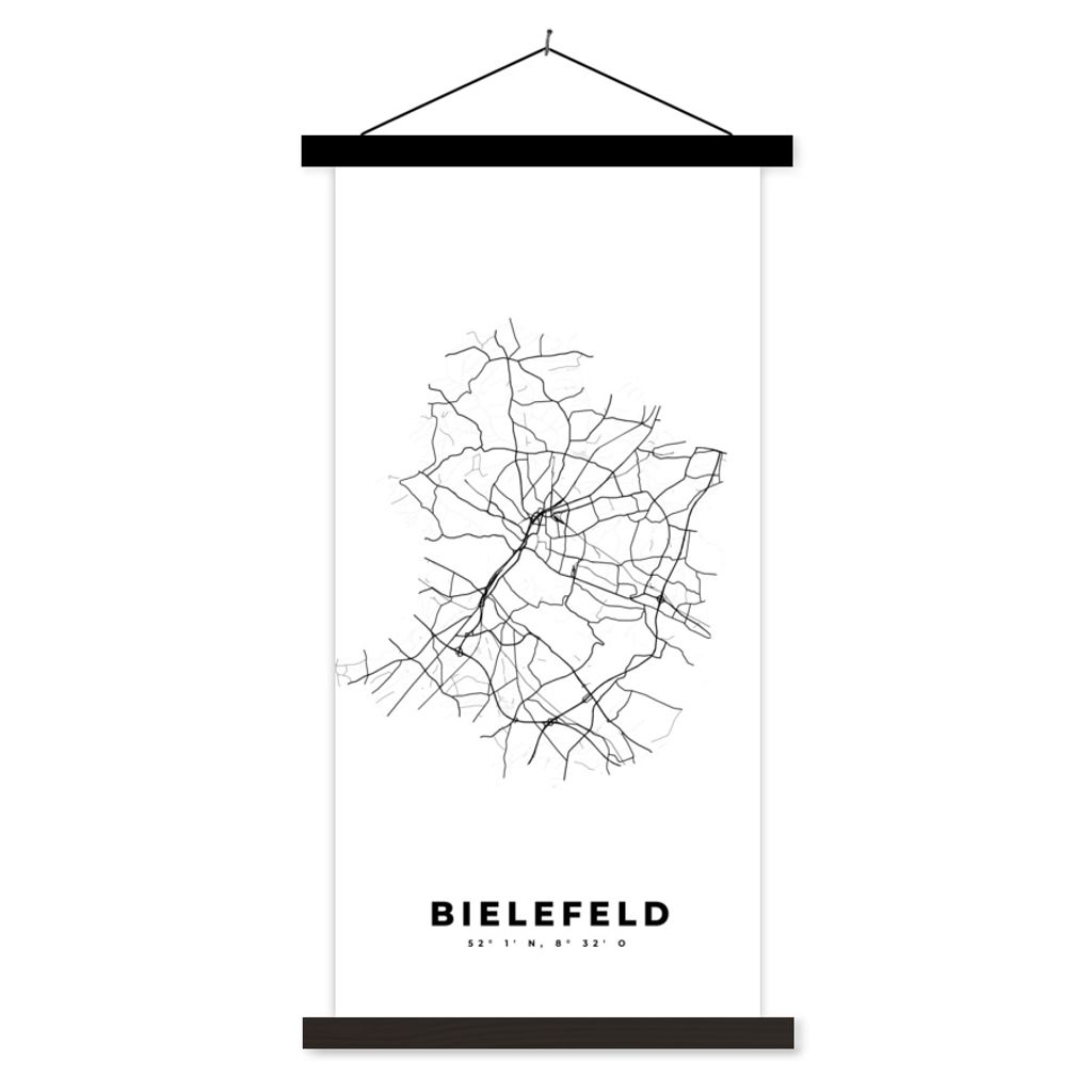 MuchoWow Textilposter Deutschland - Bielefeld - Stadtplan - Karte - Schwarz-weiß - Karte 90x180 cm mit schwarzem Rahmen - Dekoration Wohnzimmer