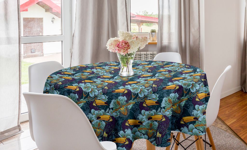 ABAKUHAUS Vögel Runde Tischdecke, Regenbogentukan Vogel, Kreis Tischdecke Abdeckung für Esszimmer Küche Dekoration, 150 cm, Erde Gelb Türkis