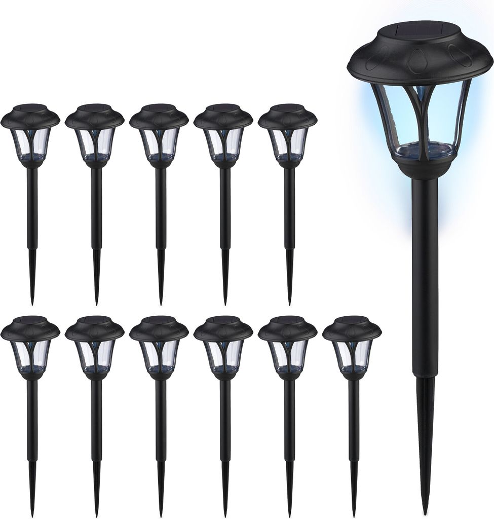 Relaxdays Solarlampen 12er Set, LED Solarlicht mit Erdspieß, HD: 39 x 11 cm, moderne Gartenbeleuchtung, draußen, schwarz