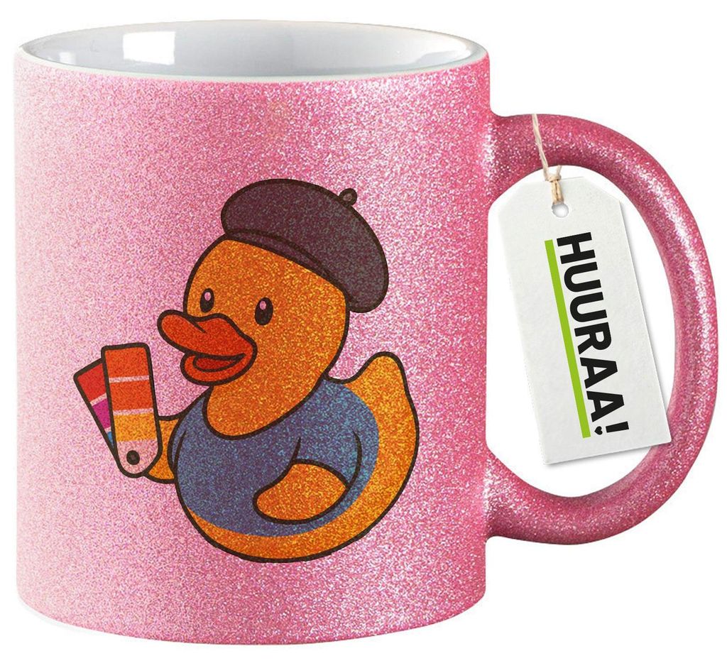 Huuraa Glitzertasse Quietscheente Grafikdesign Comic Gummiente 330ml Pink Keramik Kaffeebecher Geschenkidee