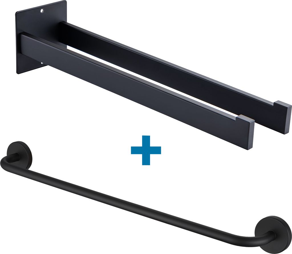 Auralum Edelstahl Handtuchhalter Zweiarmig Handtuchstange + 60 CM Duschtuchhalter, Badetuchhalter Set Wandmontage, Matt Schwarz