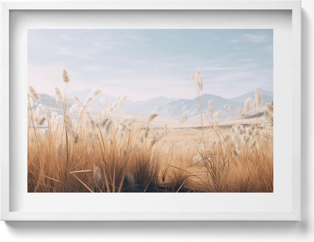 Romantische Landschaft aus Gräsern und Bergen im Boho-Stil– Wandbild mit Rahmen – Gerahmtes Bild – Wanddekoration – 70x50 cm – Weiß Rahmen