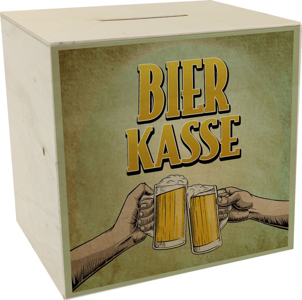 Bierkasse Spardose aus Holz mit coolem retro Motiv - prostende Bierkrüge für
