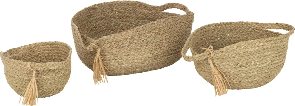 Paniers Tressés Main en Herbe Naturelle avec Anses et Pompons J-Line