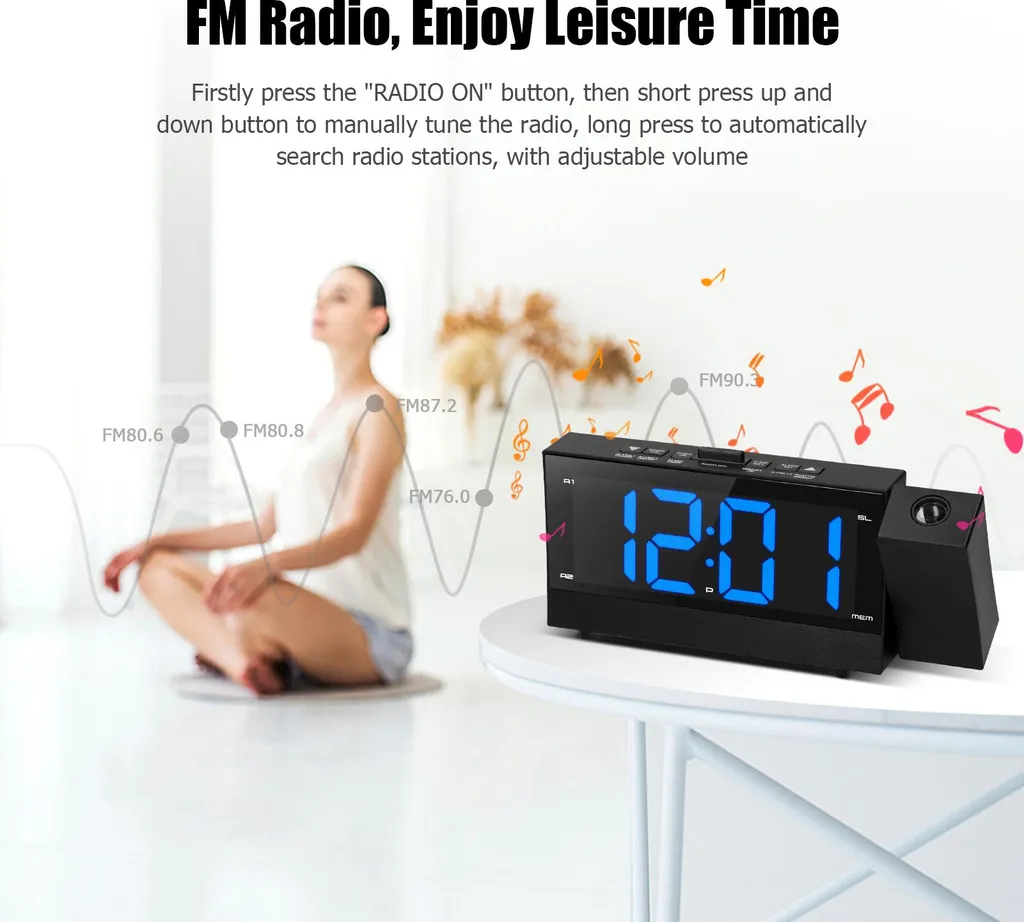 Radio-réveil projecteur plafond avec double alarme et chargeur USB
