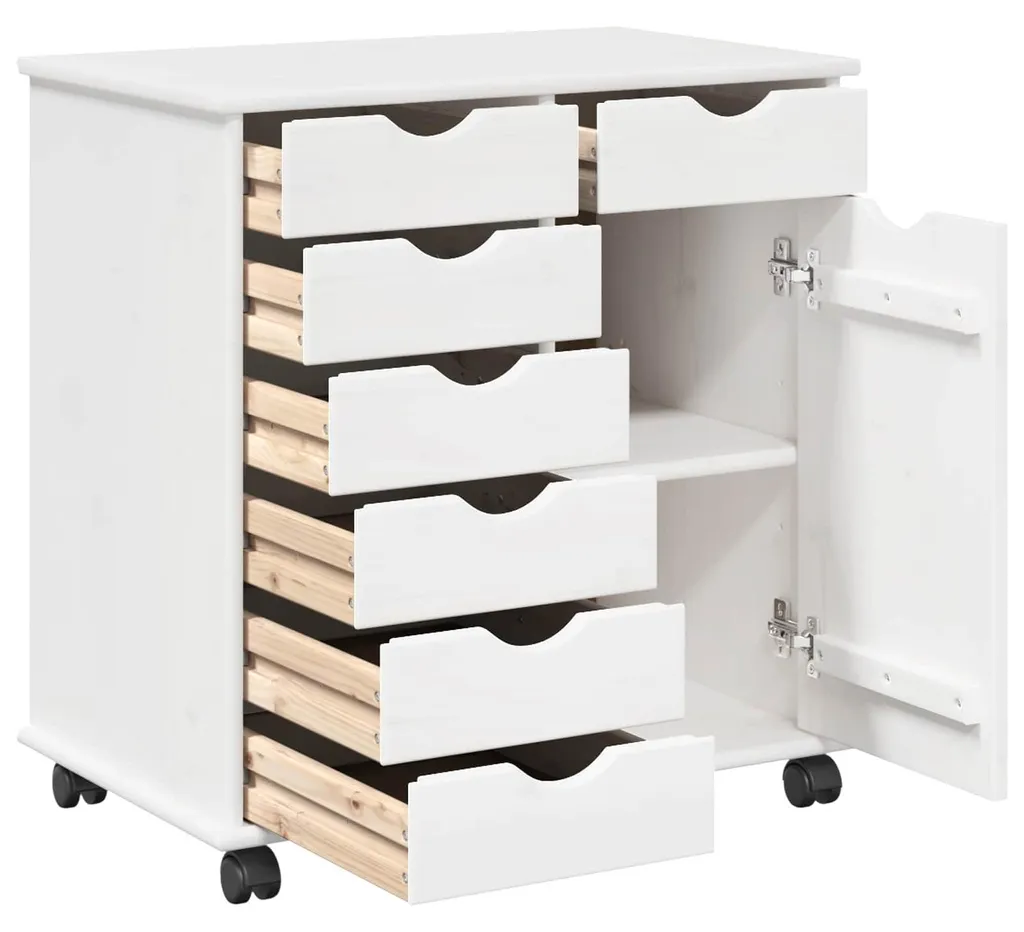 Caisson à roulettes pin massif blanc, rangement bureau compact 65cm