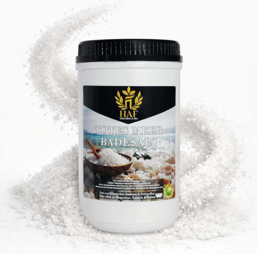 HAF – Totes Meer Badesalz (1 x 1 kg Dose) – Naturreines Meersalz aus Jordanien. Für trockene Haut & Gesicht | Für guten Schlaf & zur Körperp...