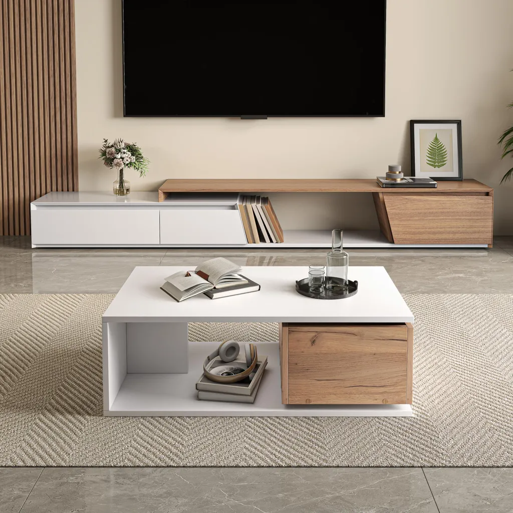 Fortuna Lai 90*50*30 cm Tavolino da caffè, cassetto girevole a 360°, tavolino con 1 cassetto, tavolino da salotto lucido con vano portaoggetti aperto, tavolino da divano, tavolino ausiliario, bianco + colore legno - 4
