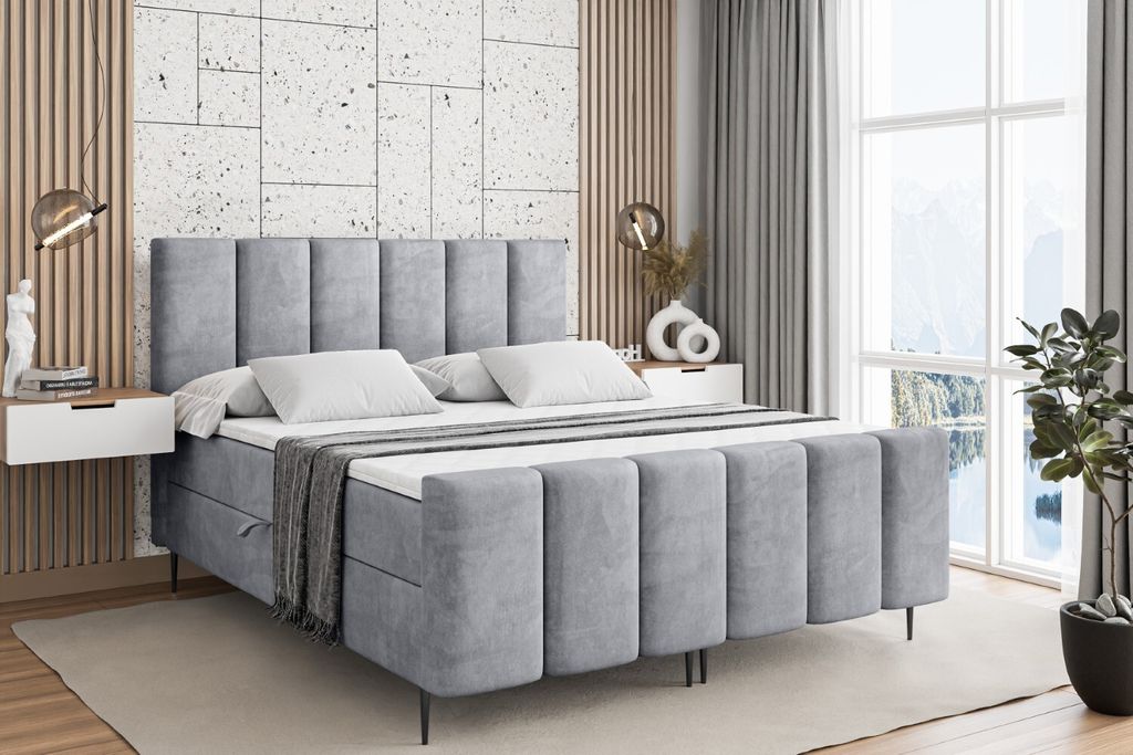 ALTDECOR Boxspringbett mit Schwarz Füßen, Matratze und Lattenrost, Topper, Fußteil, Polsterbett mit Bettkasten, Bett mit Stauraum H4-Matratze, D...