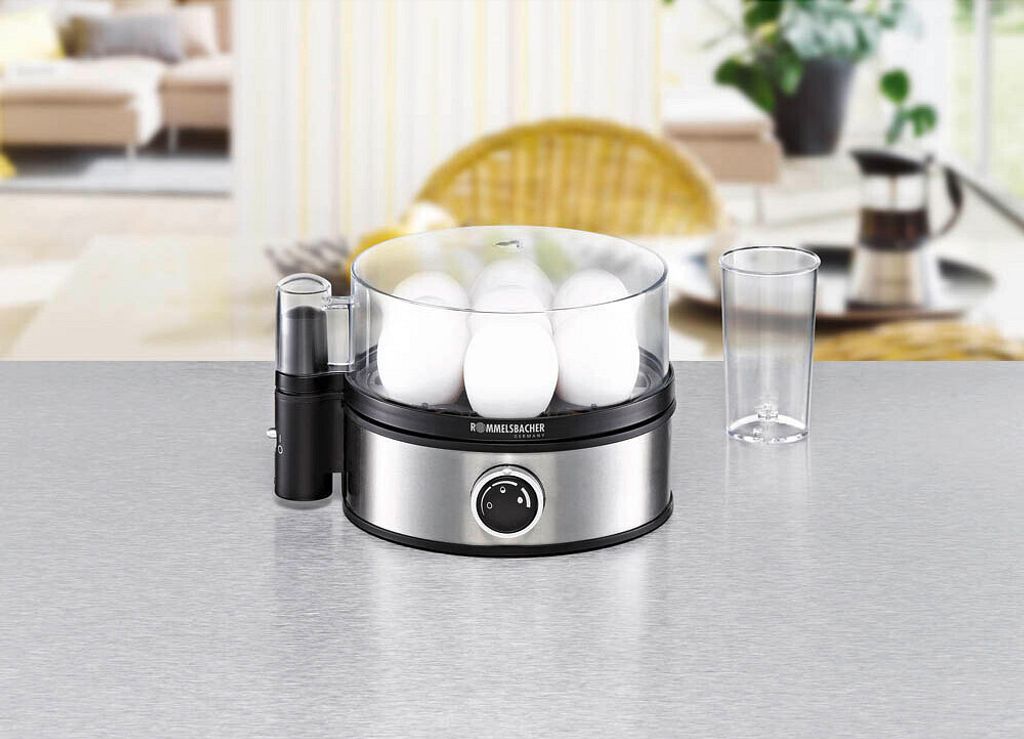 Eierkocher Edelstahl 400 W ROMMELSBACHER Eierkocher ER 400 – Edelstahl, 400 W, Für 1–7 Eier, Einstellbarer Härtegrad, Signalton, Kabelaufwicklung – Inkl. Messbecher & Eipick
