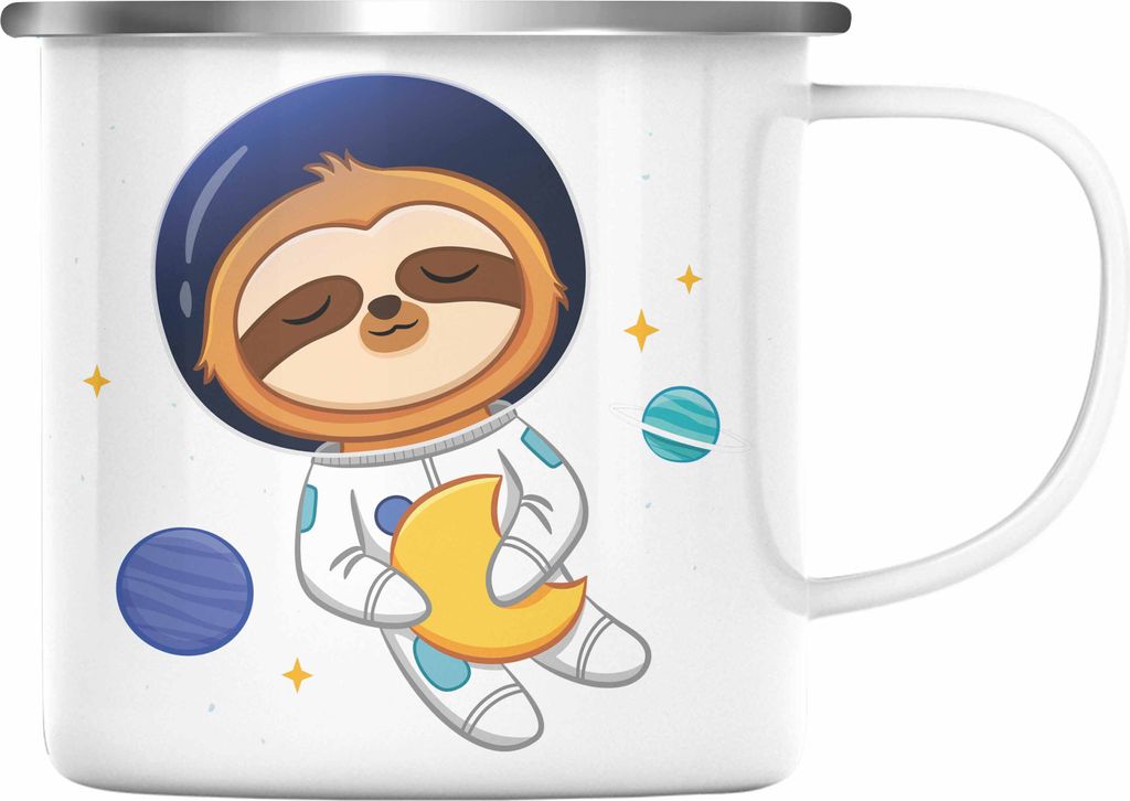 Trendation - Süße Faultier Emaille Tasse Geschenk Weltall Galaxie Geschenkidee Jungs Jungen Coole Grafik (Silber)
