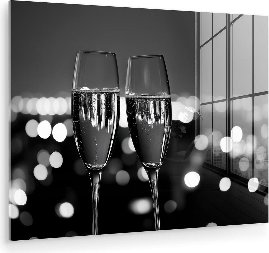 MuchoWow Glasbilder - Bilder auf Wandbild - Foto auf Glas Seifenblasen - Prost - Champagnergläser - Lichter der Stadt 80x60 cm Wanddekoration aus ...