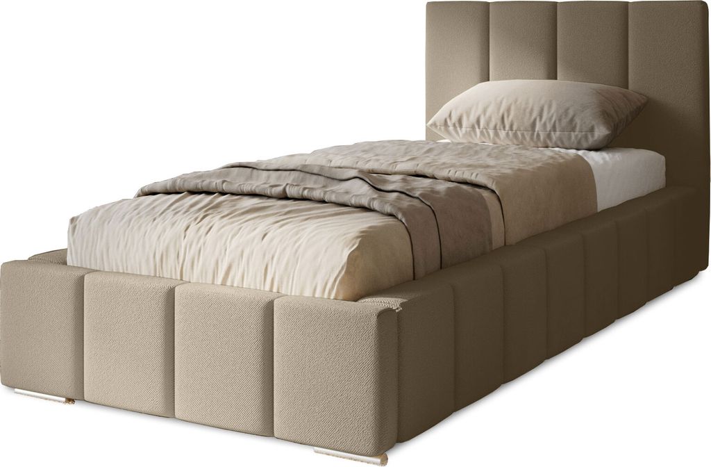 Polsterbett Menos 100x200 cm, Bett mit Kopfteil, Matratze, Bettkasten und Lattenrost aus Holz, Velourstoff: Hellbraun