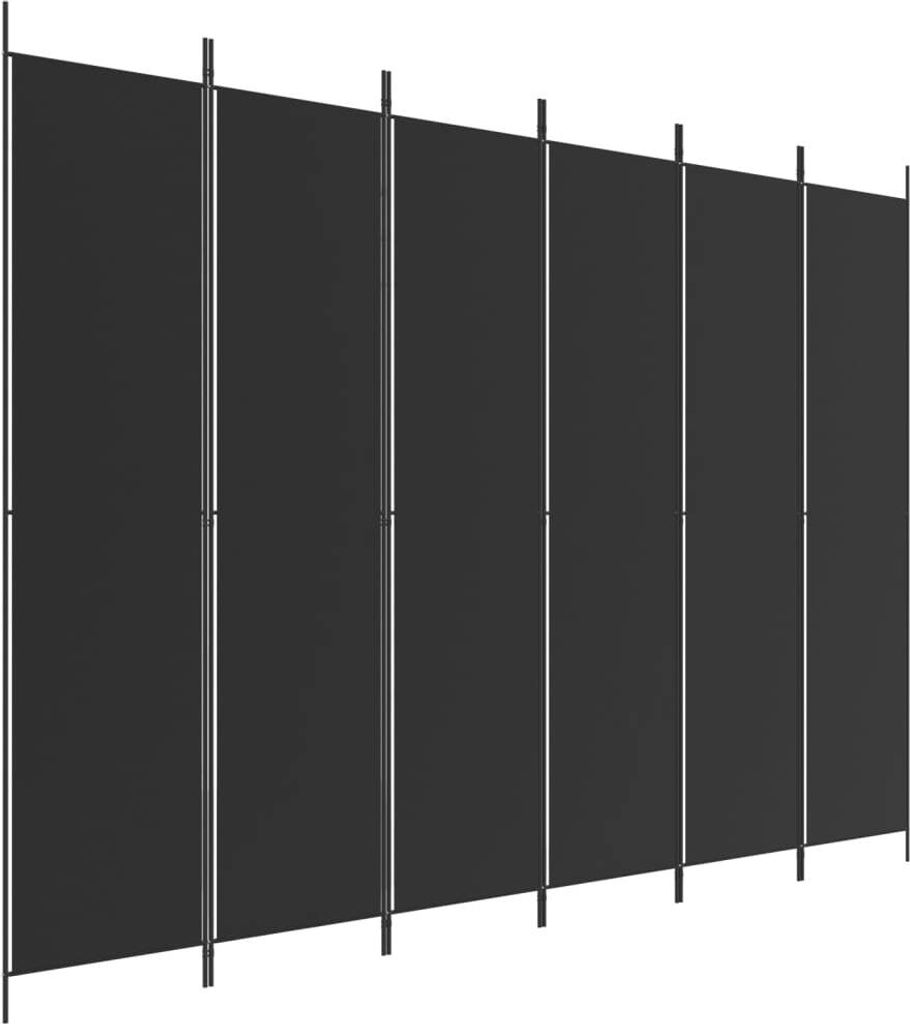 A black fabric room divider with metal poles.
