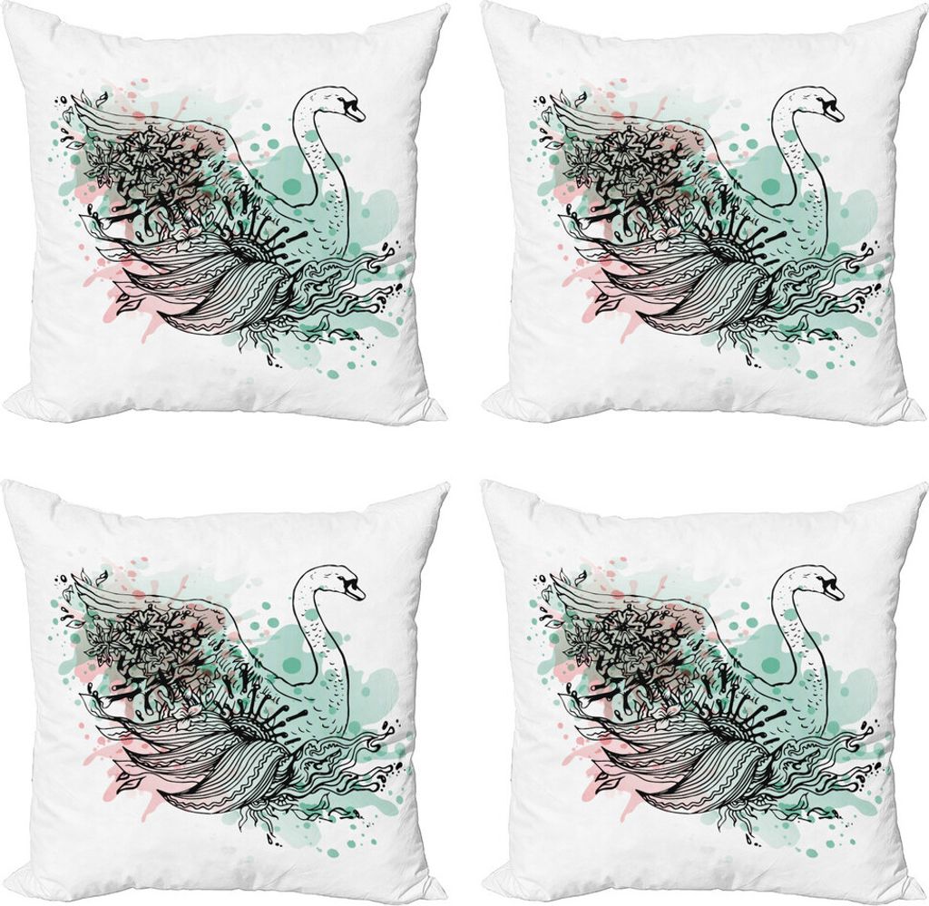 ABAKUHAUS Tier Kissenbezug Set (4 Stück), Flüchtiger Swan Watercolours, Moderner Doppelseitiger Digitaldruck, 45 cm x 45 cm, Mint Green Pale Pink