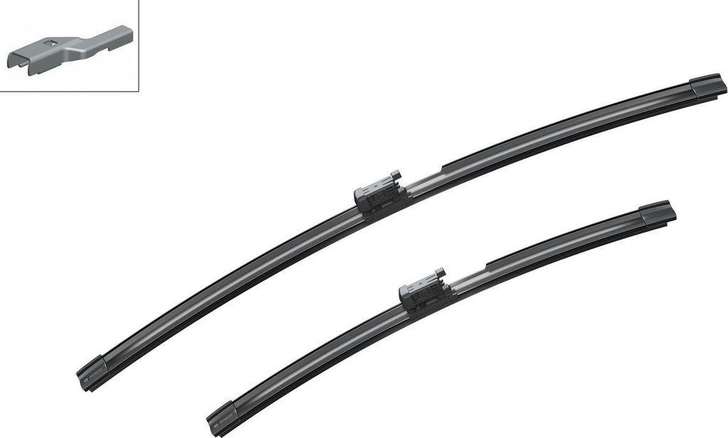 Two windshield wipers and a small metal adapter are shown against a white background.