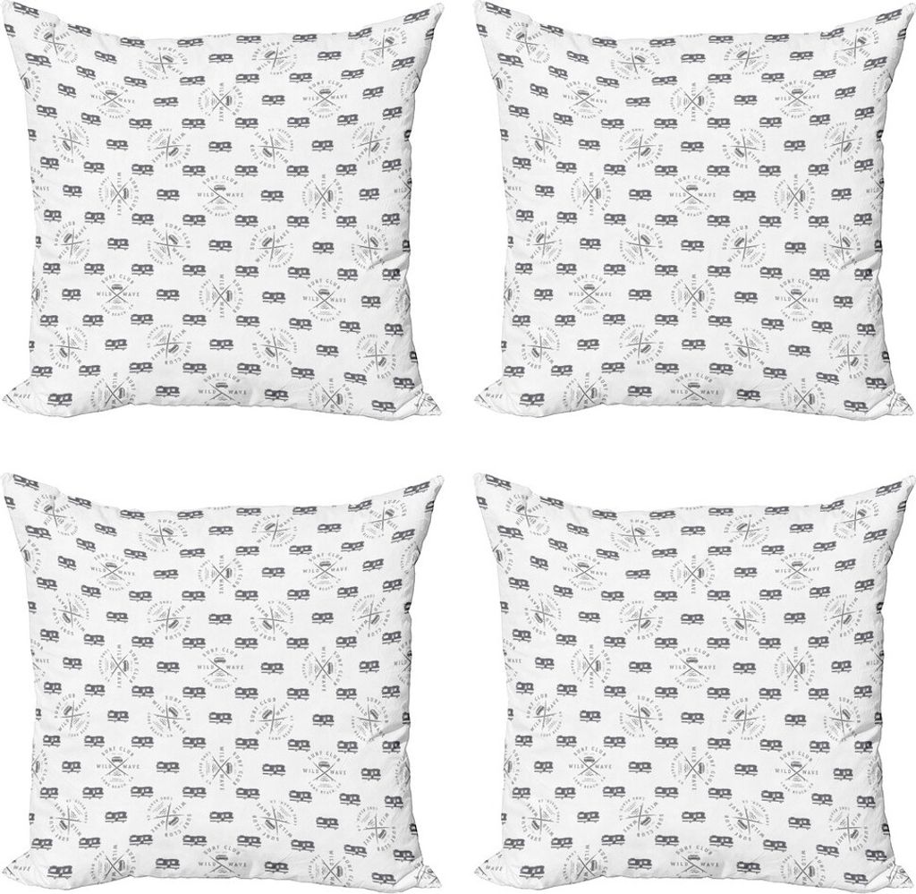 ABAKUHAUS RV Kissenbezug Set (4 Stück), Retro Surf Summer Camp Theme, Moderner Doppelseitiger Digitaldruck, 45 cm x 45 cm, Grau und Weiß