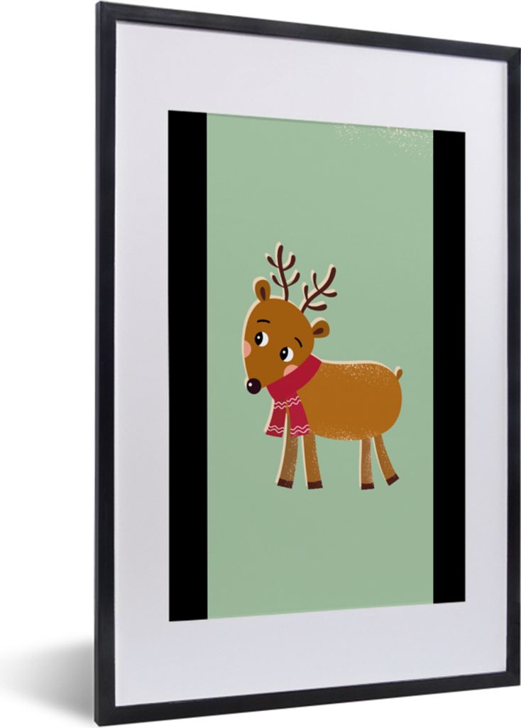 MuchoWow Gerahmtes Poster Rentier - Weihnachten - Winter - Grün 40x60 cm - Poster mit Schwarzem Bilderrahmen Wandposter Rahmen Foto Bilder - Pos...