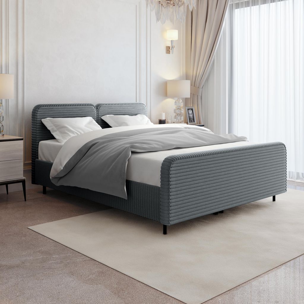 Doppelbett LEA 160x200 cm Polsterbett mit Bettkasten, Matratze & Topper – TILIA - Polsterstoff Grau