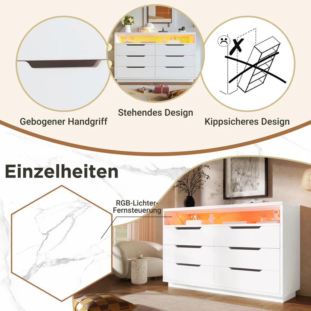 Commode Sideboard Flieks 6 Tiroirs et LED Blanc - Buffet 120x40x85cm