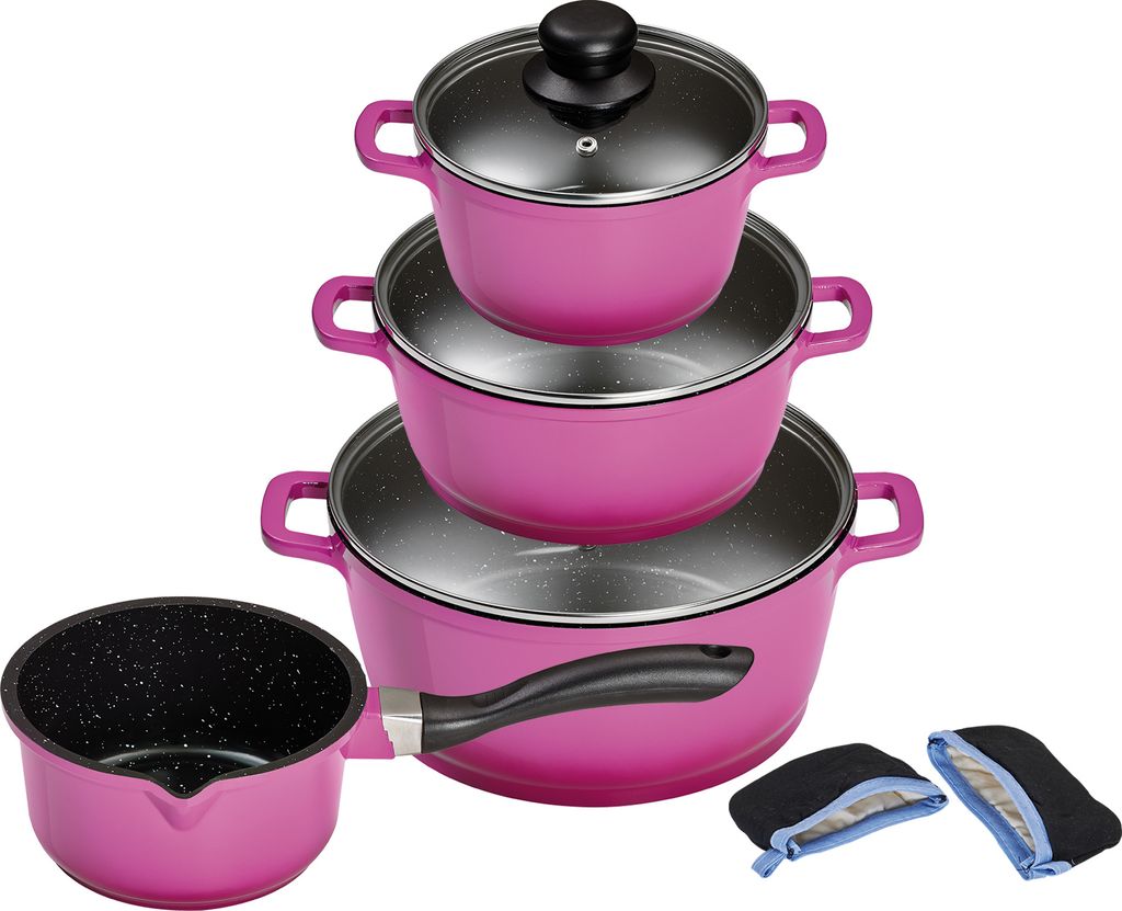 A set of pink cookware, including pots and a saucepan, is arranged on a white background. Two black pot holders are placed in the lower right corner.