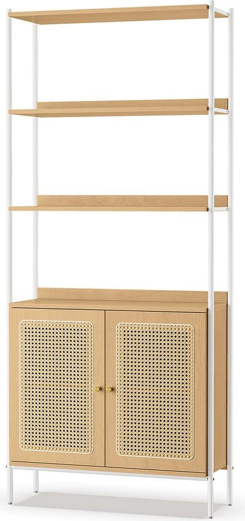 Bücherregal mit Türen in Rattanoptik, Eichenbeige und Perlweiß