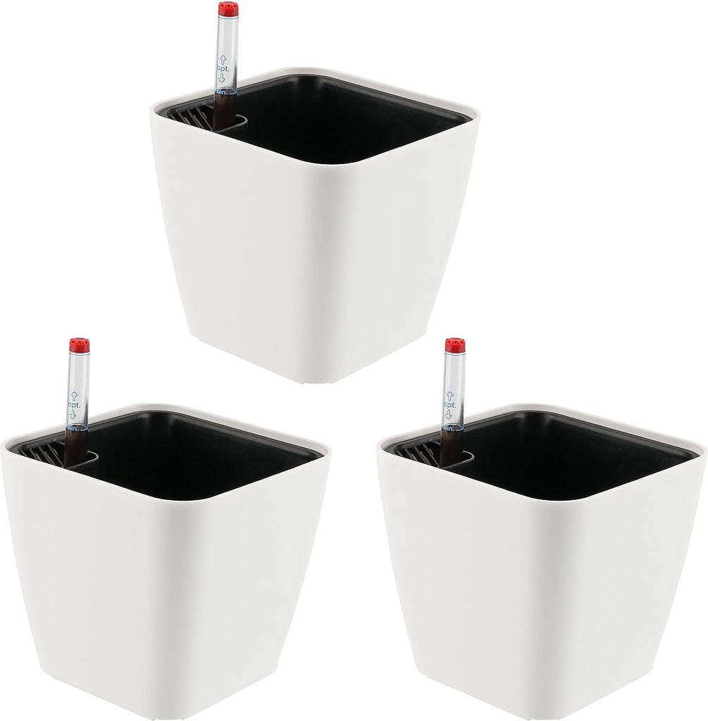 Set aus 3 quadratischen selbstbewässernden Pflanzenübertöpfen mit Wasserindikator – Langlebig und wetterbeständig für drinnen und draußen