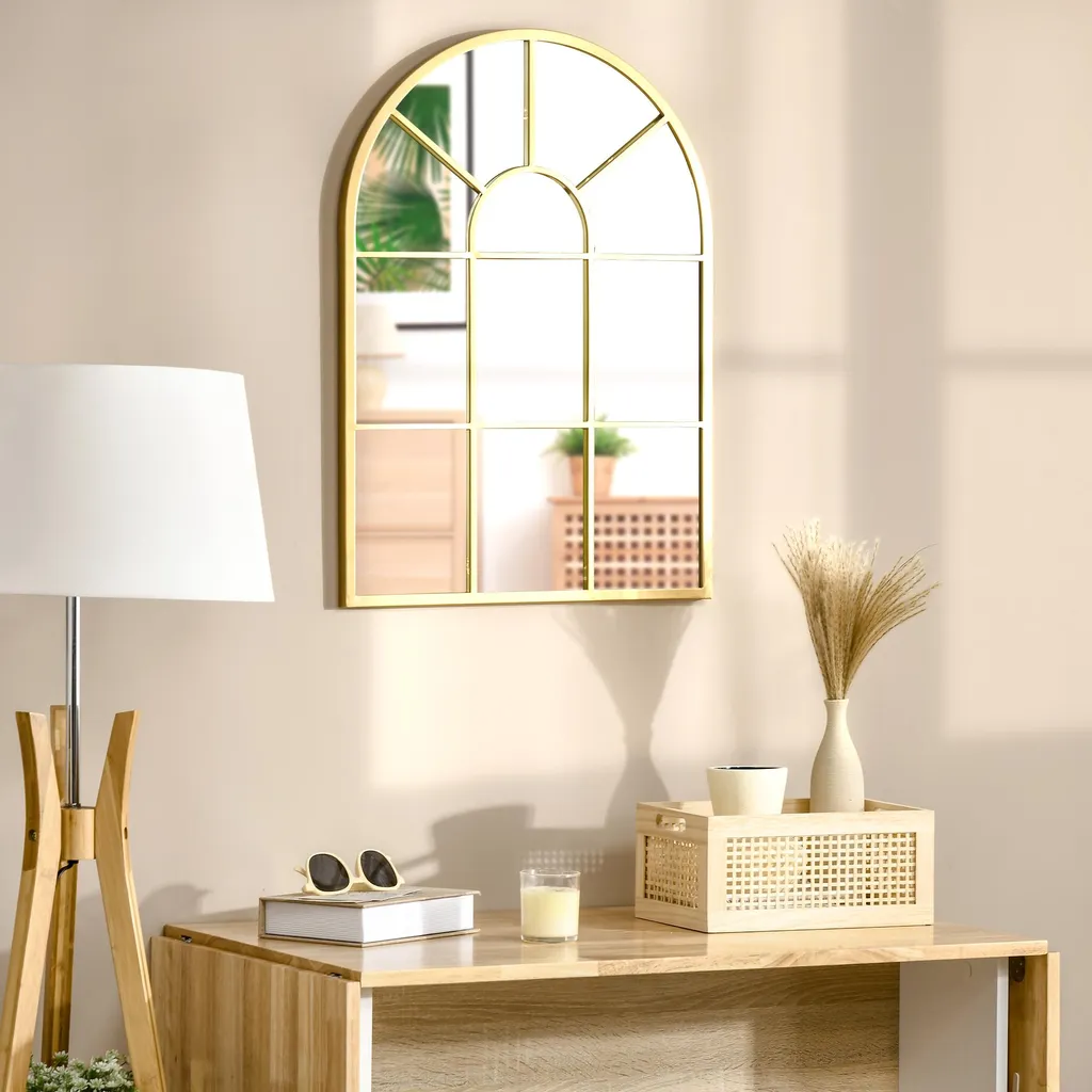 HOMCOM Miroir Mural Arqué 70x50 cm - Style Verrière Industriel Doré