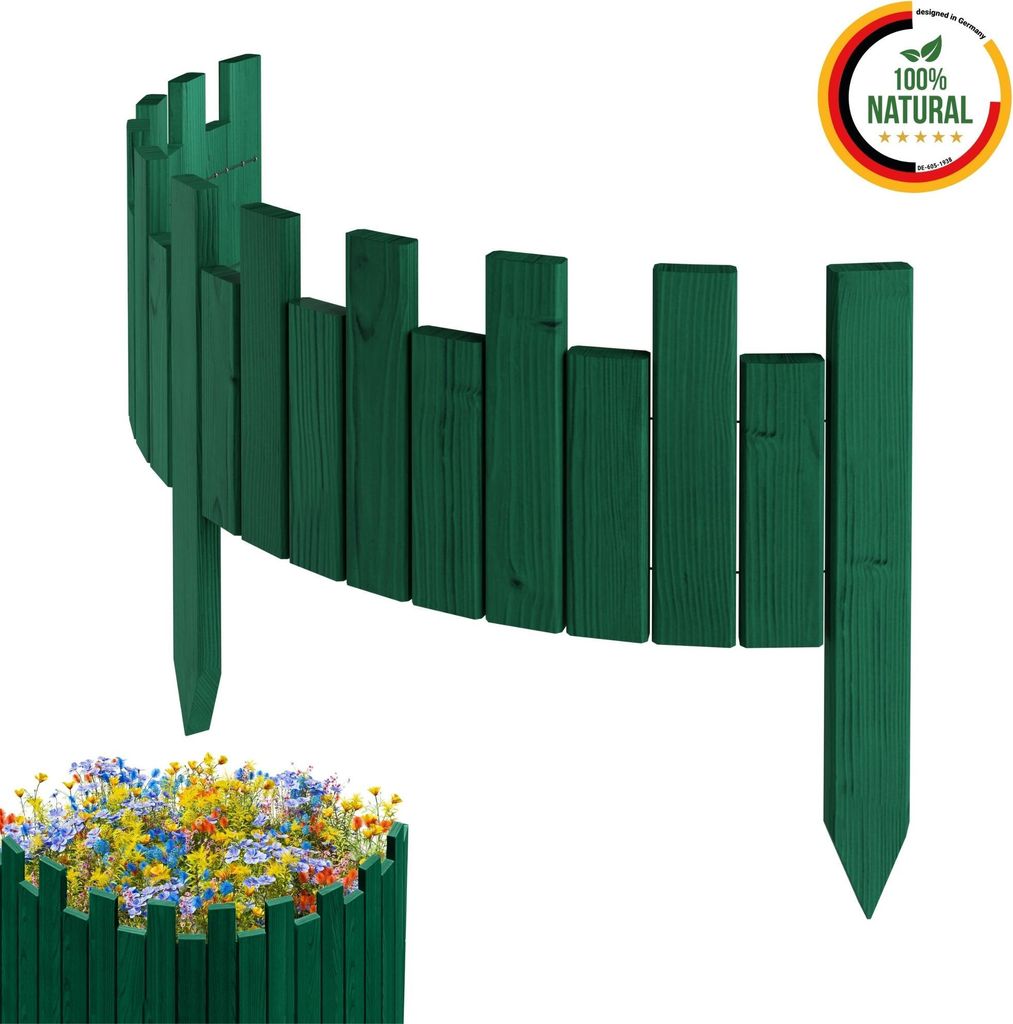 Floranica Beeteinfassung Rasenkante Holz Rollzaun Holzzaun 100 x 20 cm Grün imprägniert Flexible Rollborder Palisade Gartenzaun