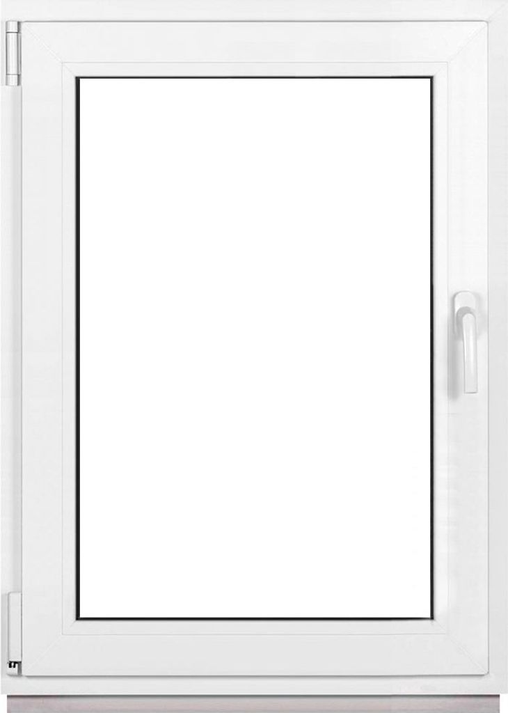 A white window frame with a clear glass pane, isolated on a white background.