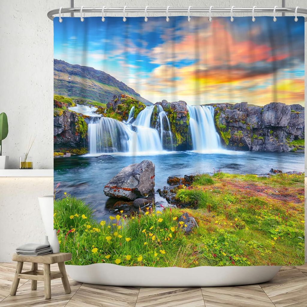 Duschvorhang 180x180 cm, Naturlandschaft mit Bergen, Flüssen, Wasserfall, Blumen und Gras, waschbar, Polyestergewebe, wasserdicht, Badezimmer-Dusc...