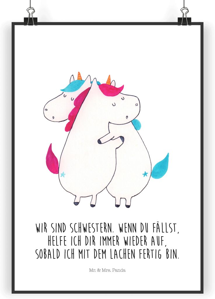 Mr. & Mrs. Panda Bild Einhörner Umarmen DIN A5 - Weiß - Geschenk, Unicorn, wanddeko, Wandbild, Freundin, Wandschmuck, Einhorn, Liebe, Familie, Ge...