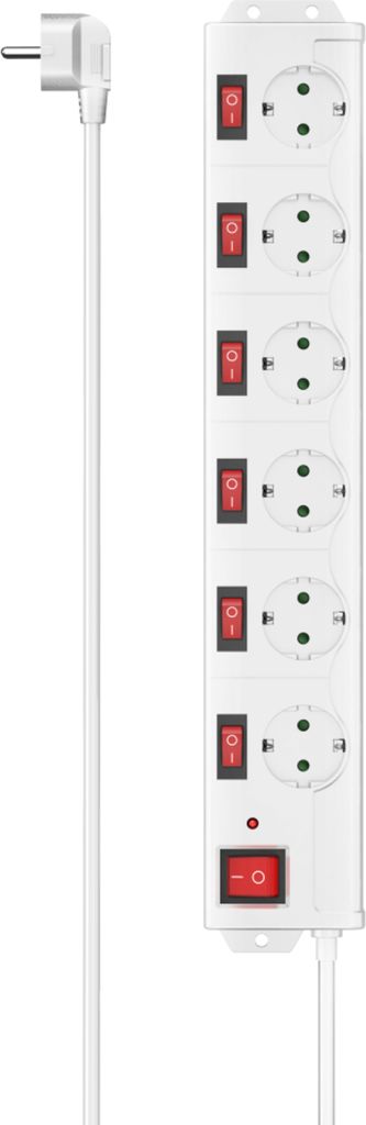 A white power strip with six outlets and individual switches, along with its white power cord and plug.