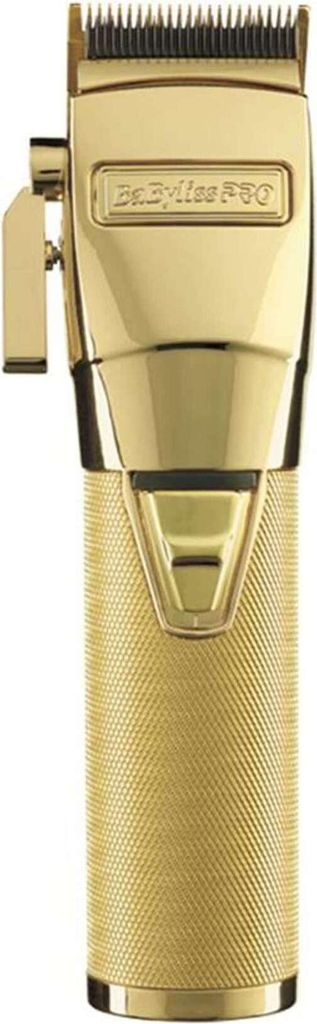 A close-up, studio shot of a gold cordless hair clipper against a white background.