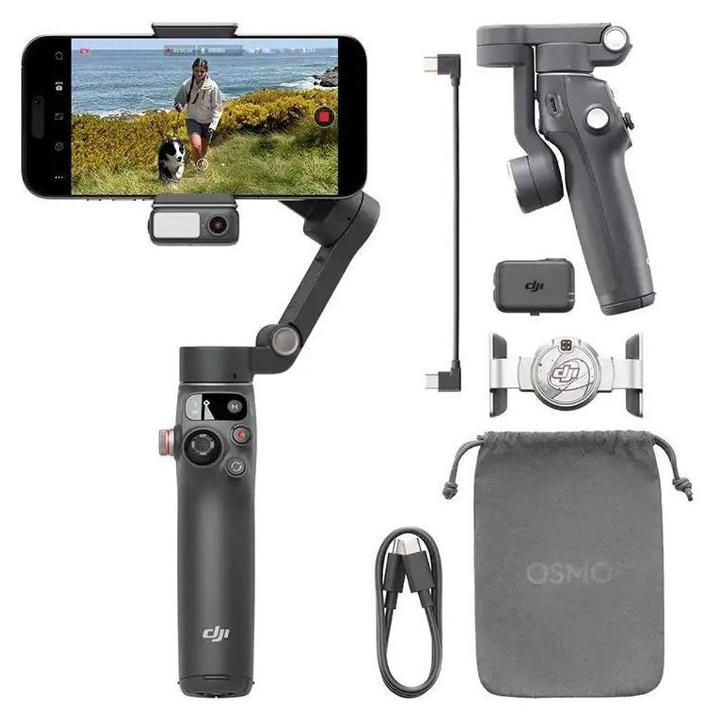 A smartphone gimbal stabilizer and its accessories are laid out on a white background.