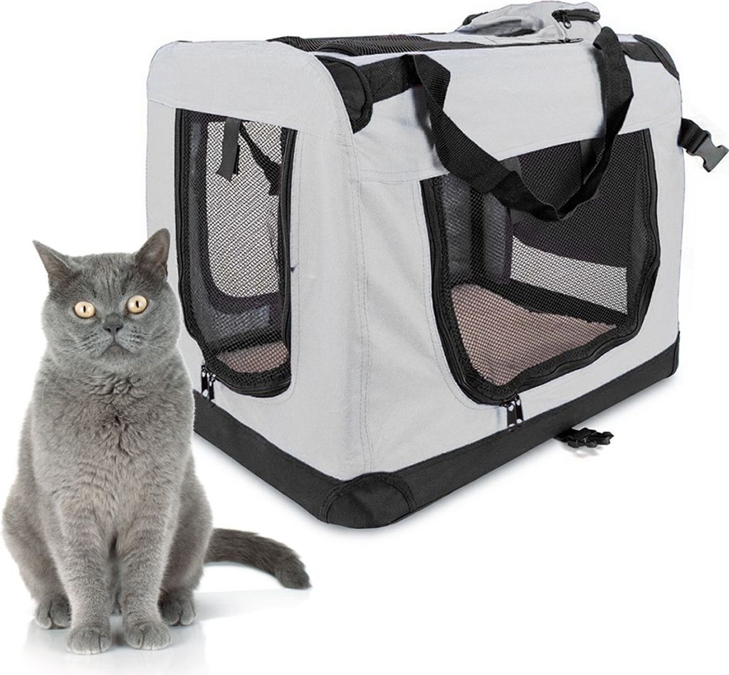 Mobiclinic Pets, Hundebox, Balú, , Transportbox Katze, Transportbox Hund, Faltbar, Atmungsaktiv, Größe L, Unterstützt bis 10 kg, 57x38x44cm, Grau