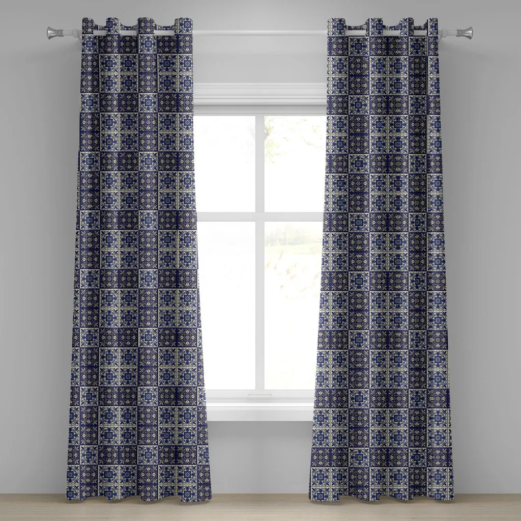 Tenda Lavabile ABAKUHAUS 280x245 - Motivo Floreale Blu Navy e Beige - 1
