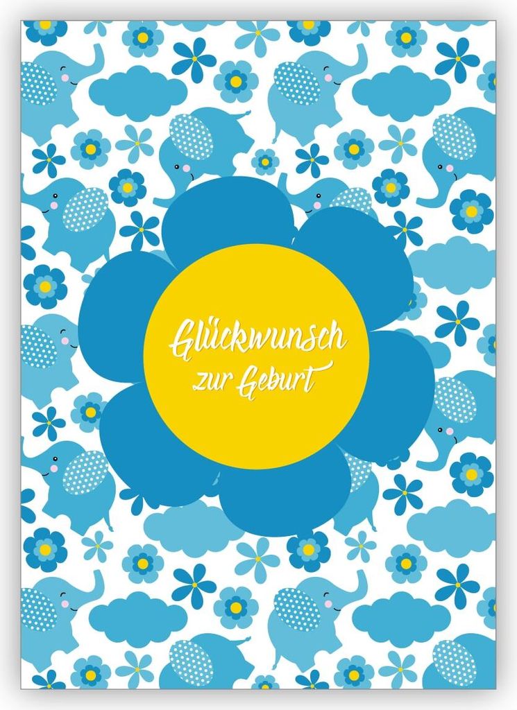 Niedliche Retro Babykarte für Jungen mit Elefanten und Blümchen in hellblau: Glückwunsch zur Geburt