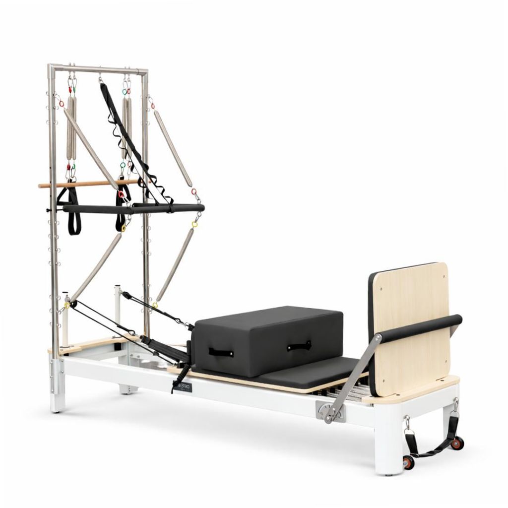 PH Fitness Aluminium Pilates Reformer mit Half Trapeze Tower – Profi Gerät mit 6 Federn, verstellbarer Fußstange & Premium Polsterung - Weiß