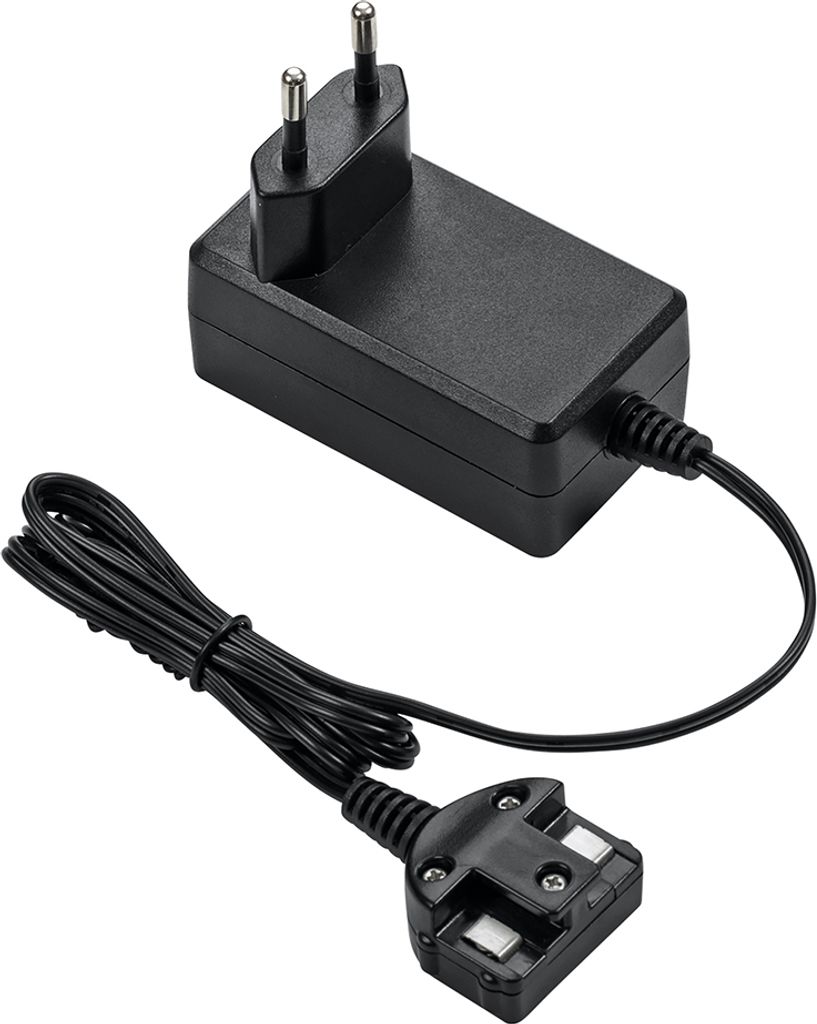 A black power adapter with a European plug on one end and a UK plug on the other, connected by a black cable.