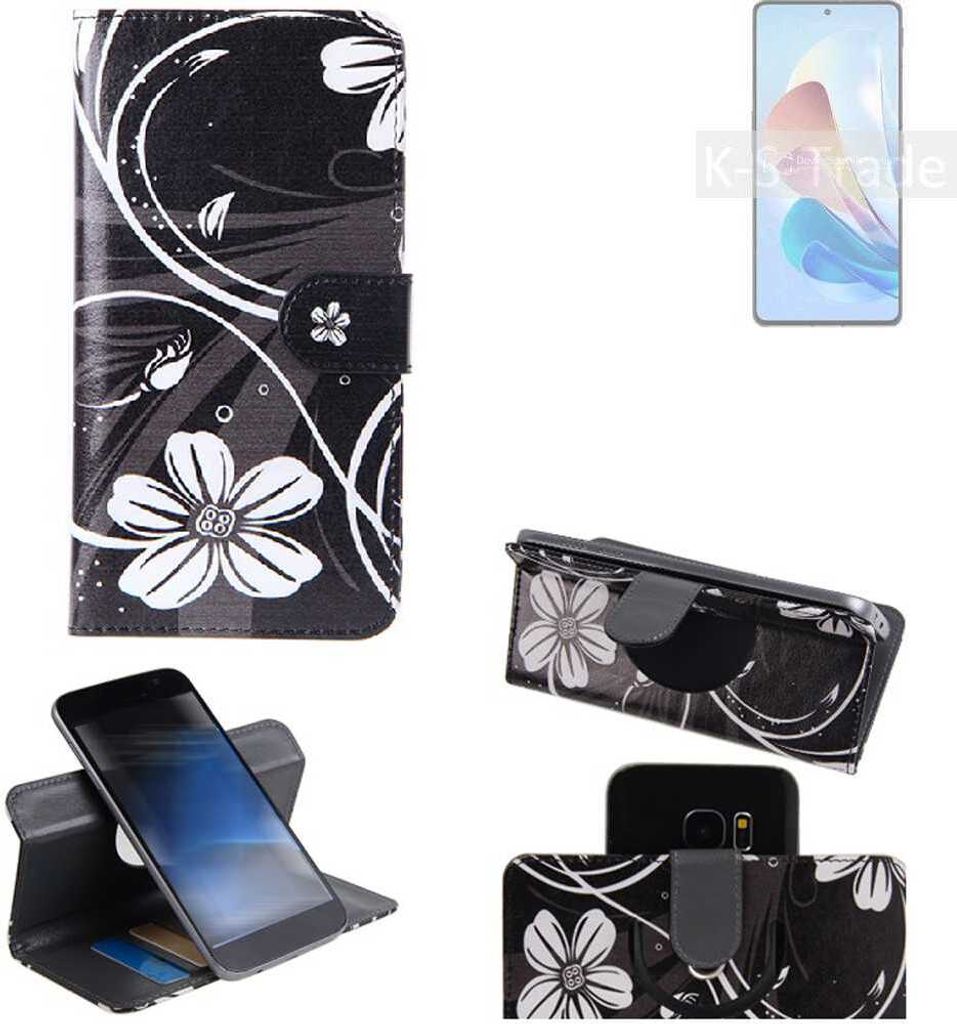 K-S-Trade Schutzhülle Handyhülle kompatibel mit nubia Z40S Pro 80W Hülle 360° Wallet Case ''Flowers'' Klapphülle Hülle schwarz-weiß 1x