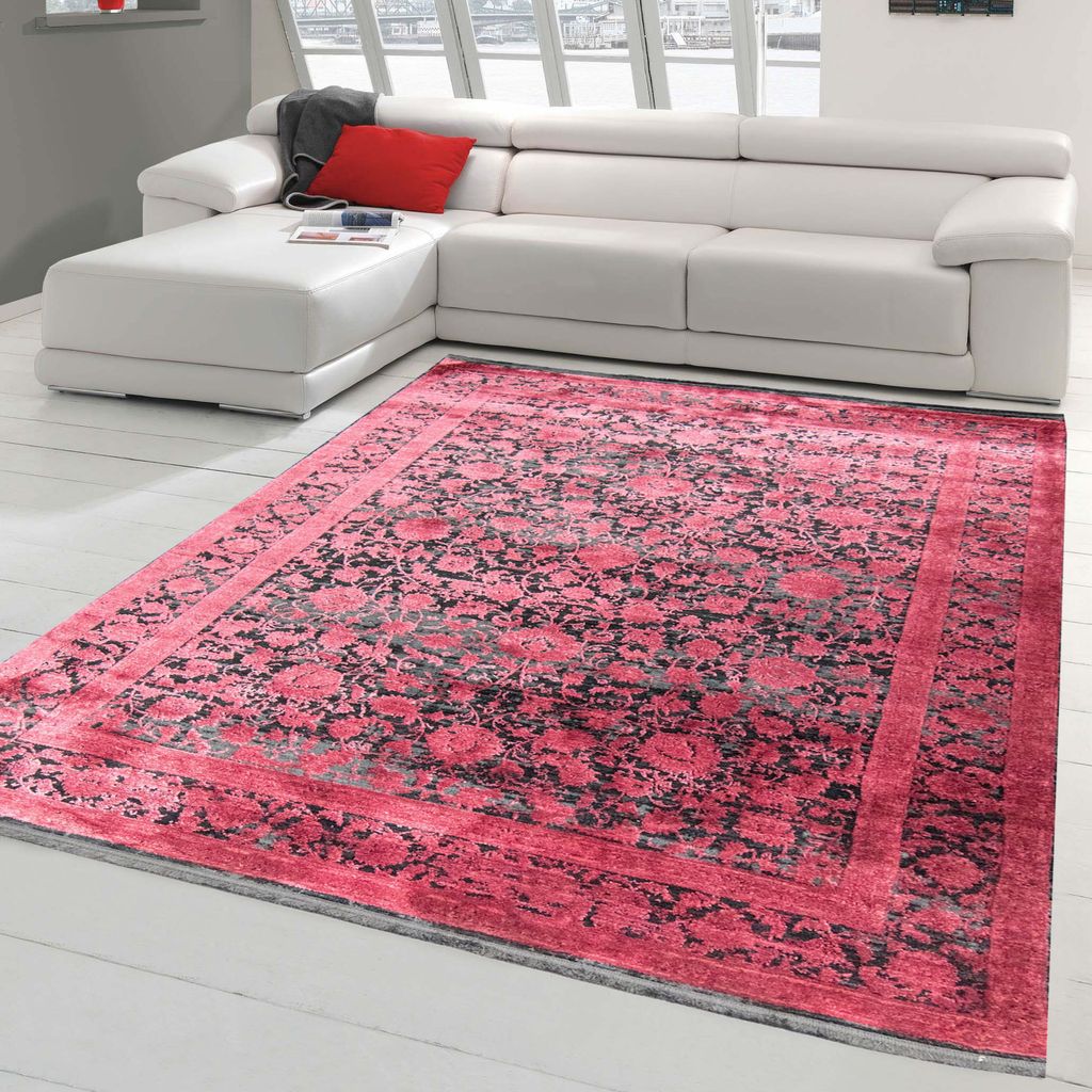Moderner Teppich Wohnzimmer orientalisches Blumendesign in Rot auf schwarzem Hintergrund Größe - 120x170 cm