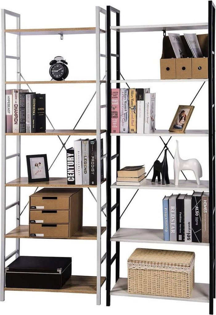Bolt Edge Bücherregal – Industriell – Weiß/Eiche – 6 Ebenen – Für Wohnzimmer oder Schlafzimmer