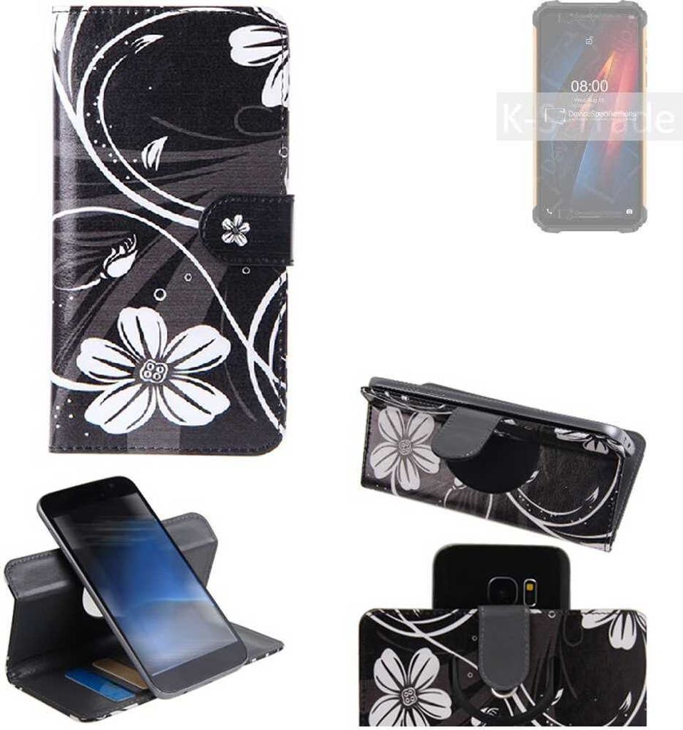 K-S-Trade Schutzhülle Handyhülle kompatibel mit Ulefone Armor 8 Hülle 360° Wallet Case ''Flowers'' Klapphülle Hülle schwarz-weiß 1x