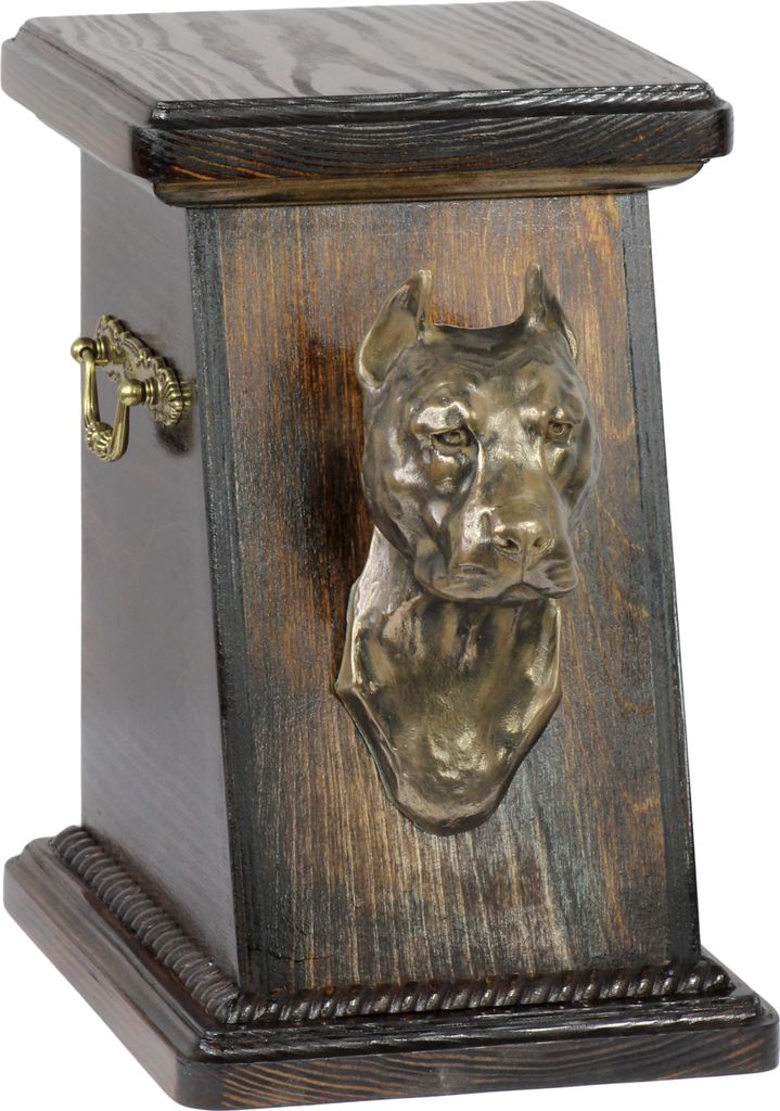 American Staffordshire Terrier, Amstaff III eine Ascheurne für Hunde, eine elegante Urne mit einer Statue, eine Gedenkurne mit dem Porträt eines ...