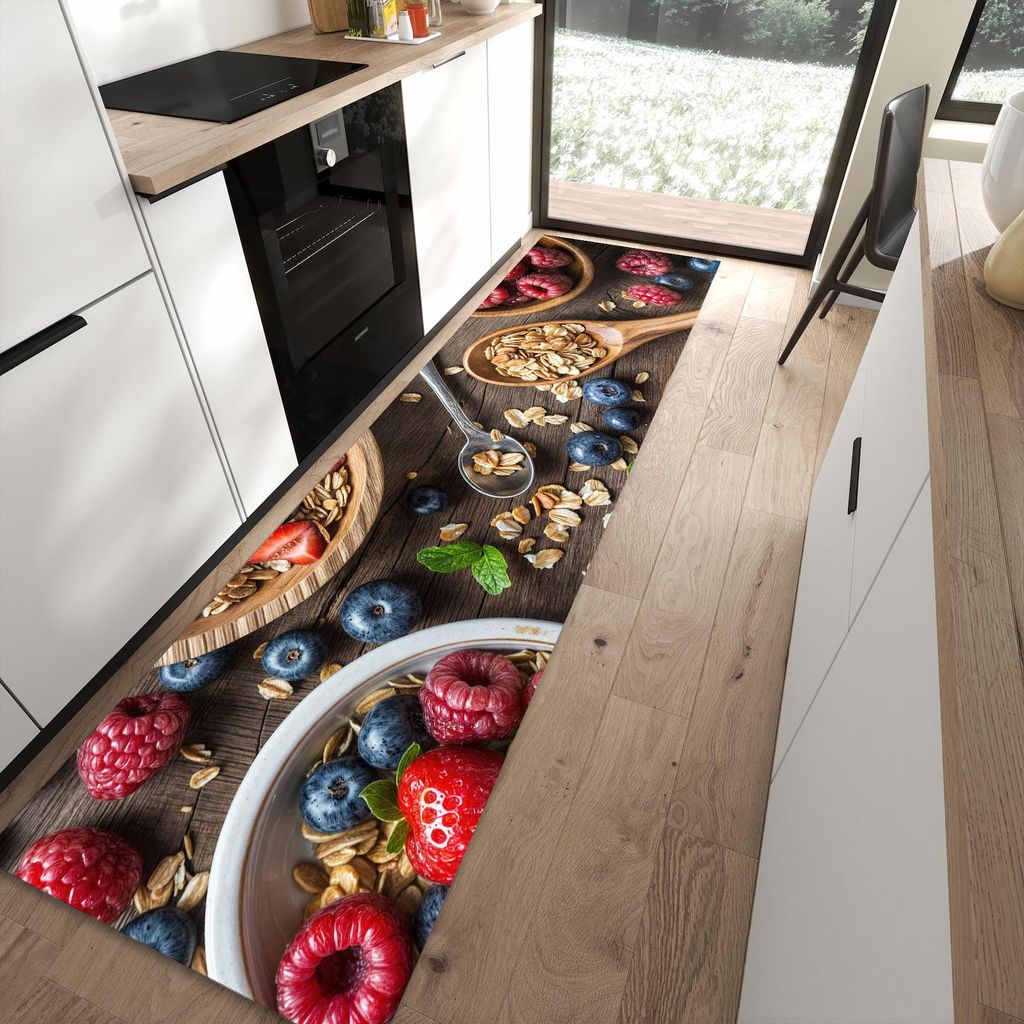 Küchenteppich 80x300cm rutschfest & abwischbar PVC Läufer - Beeriges Müsli