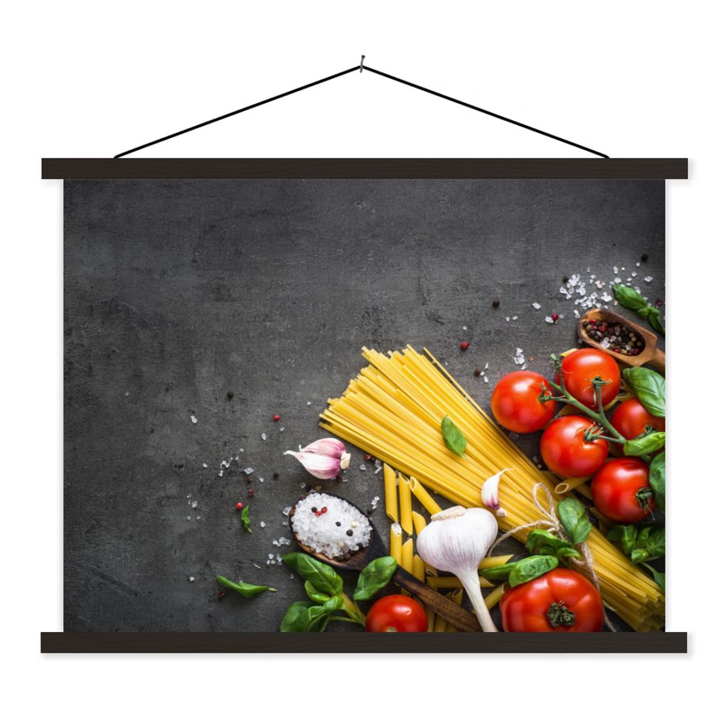 MuchoWow Textilposter Nudeln - Kräuter - Tomate - Gewürze - Rustikal 40x30 cm mit schwarzem Rahmen - Dekorationen